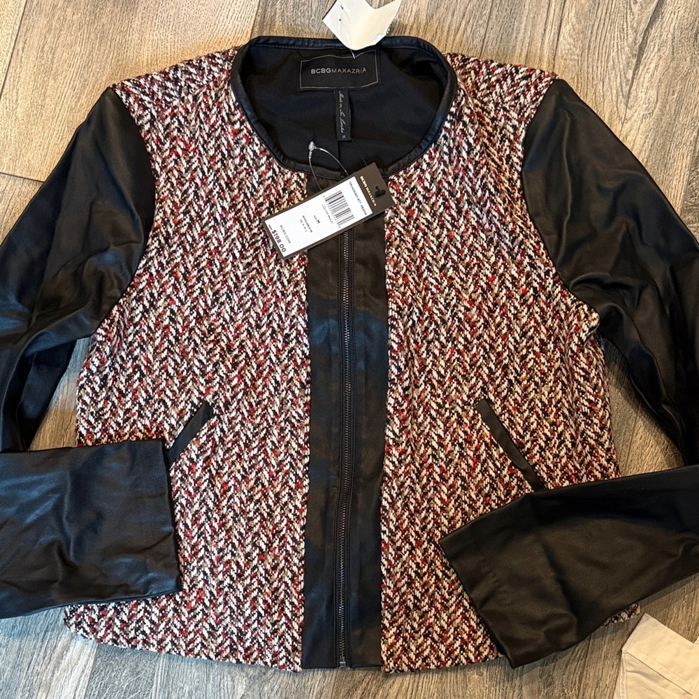 BCBGMaxAzria Red and Black Tweed Blazer